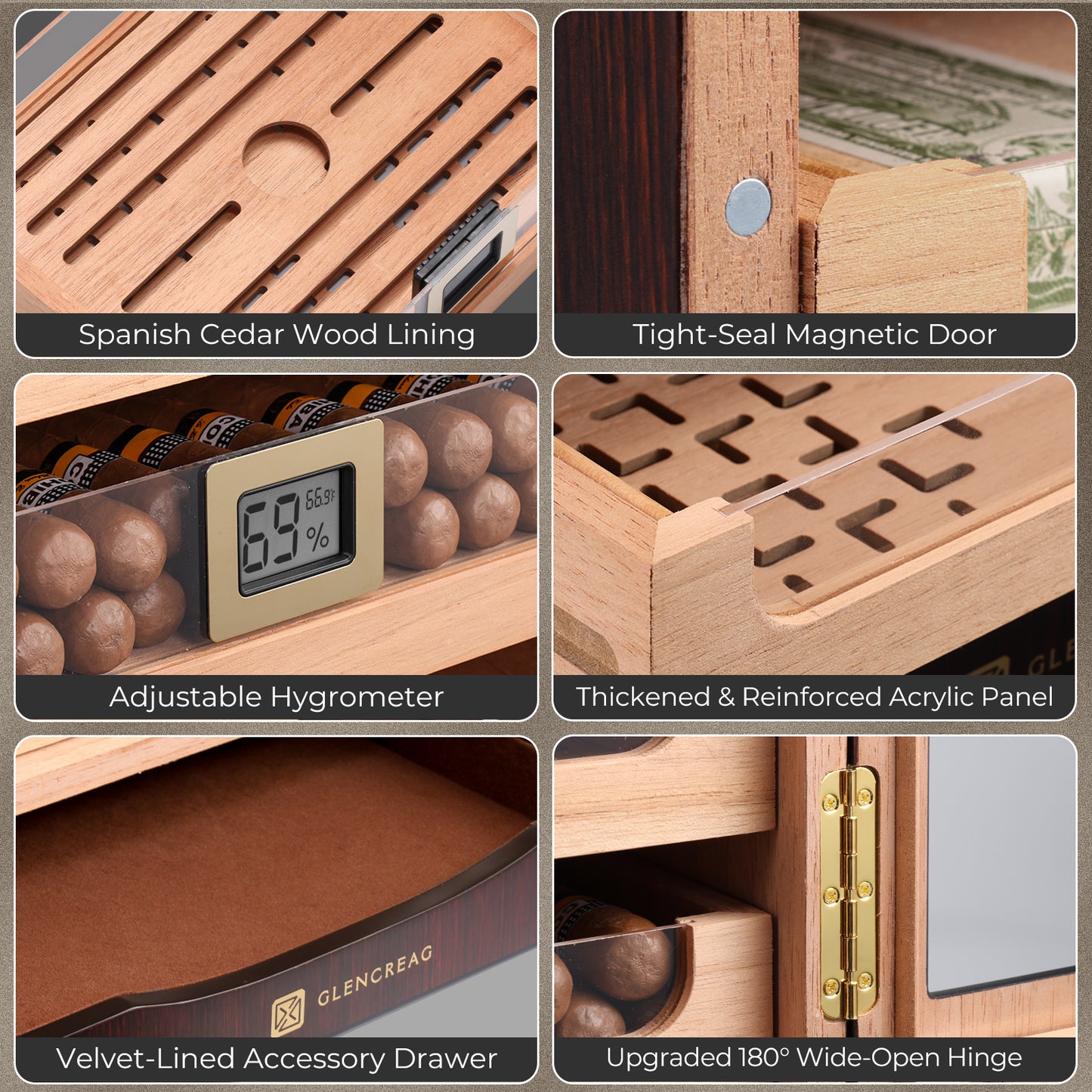 Collage of features of GLENCREAG cigar humidor with Spanish cedar lining, magnetic door, hygrometer, and other details.