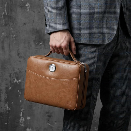 Holding a brown leather cigar humidor bag