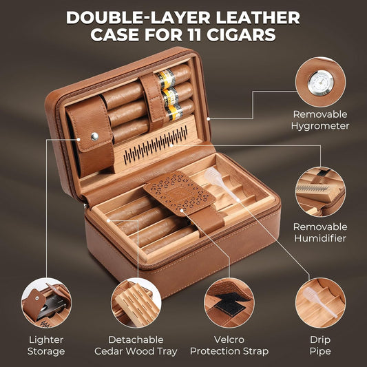 Brown double-layer leather cigar humidor case for 11 cigars