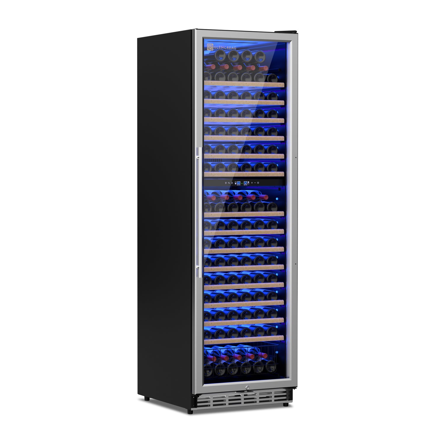 D2414 wine cooler refrigerator with a black exterior, stainless steel frame, and blue LED lighting inside.