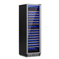 D2414 wine cooler refrigerator with a black exterior, stainless steel frame, and blue LED lighting inside.