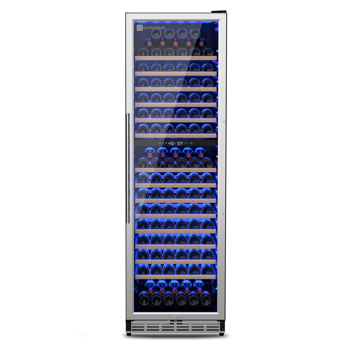 D2414 stainless steel wine refrigerator with a glass door, illuminated by blue LED lighting showing multiple shelves of 174 wine bottles. 