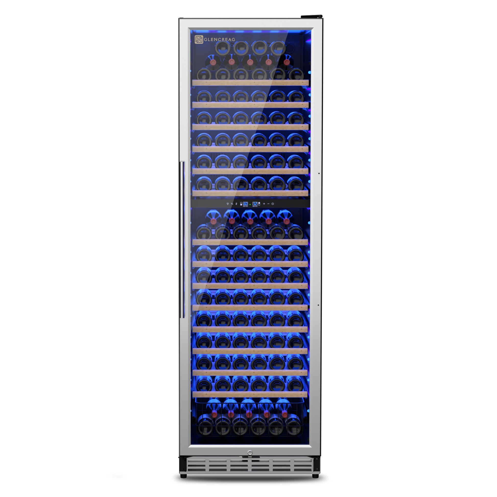 D2414 stainless steel wine refrigerator with a glass door, illuminated by blue LED lighting showing multiple shelves of 174 wine bottles. 