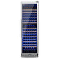 D2414 stainless steel wine refrigerator with a glass door, illuminated by blue LED lighting showing multiple shelves of 174 wine bottles. 