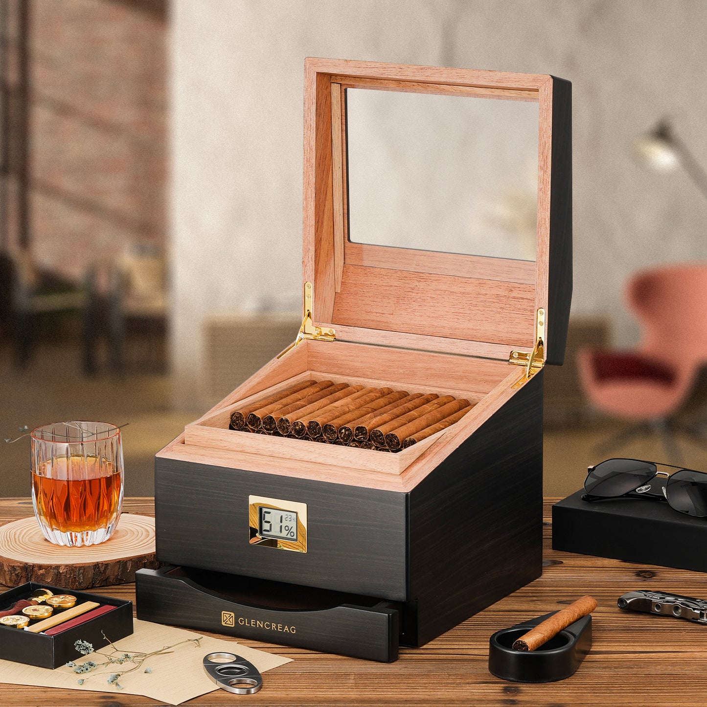 FT-2042 Classic Cigar Humidor Box, 85 Counts (Ebony)