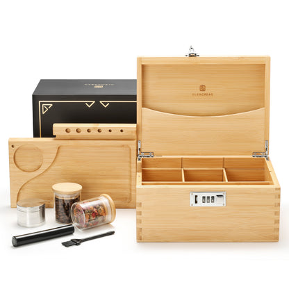 GLENCREAG bamboo stash box set with various accessories including glass jars, a metal grinder, and a cleaning brush