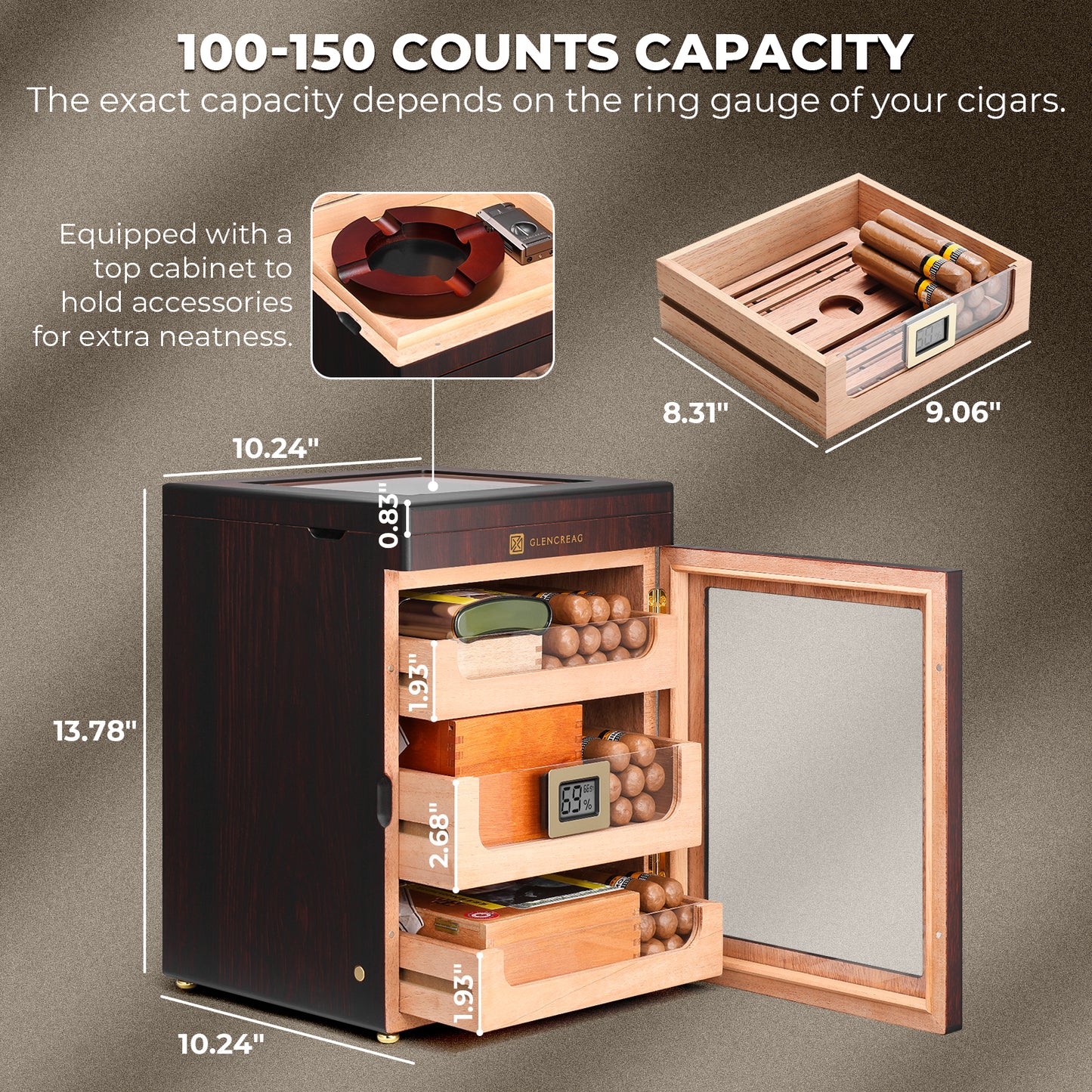 M26F-T Classic Spanish Cedar Humidor Cabinet with Top Storage, 150 Counts