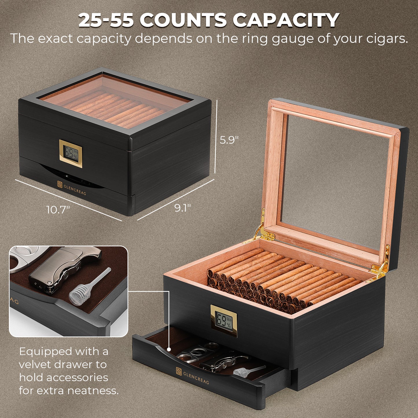 MMT-3041 Classic Cigar Humidor Box, 55 Counts (Ebony)