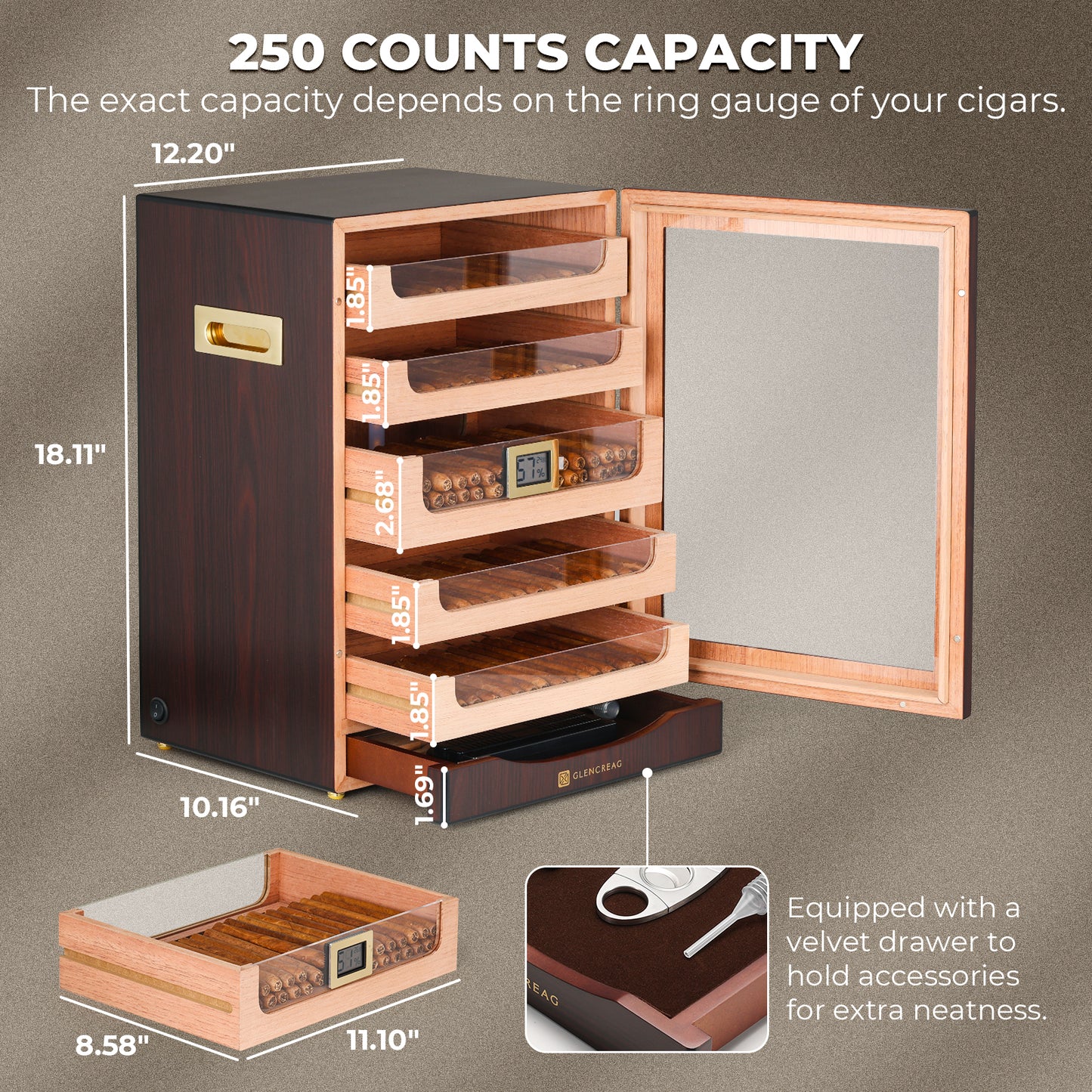 MET-1031PM LED Cigar Humidor Cabinet, 250 Counts