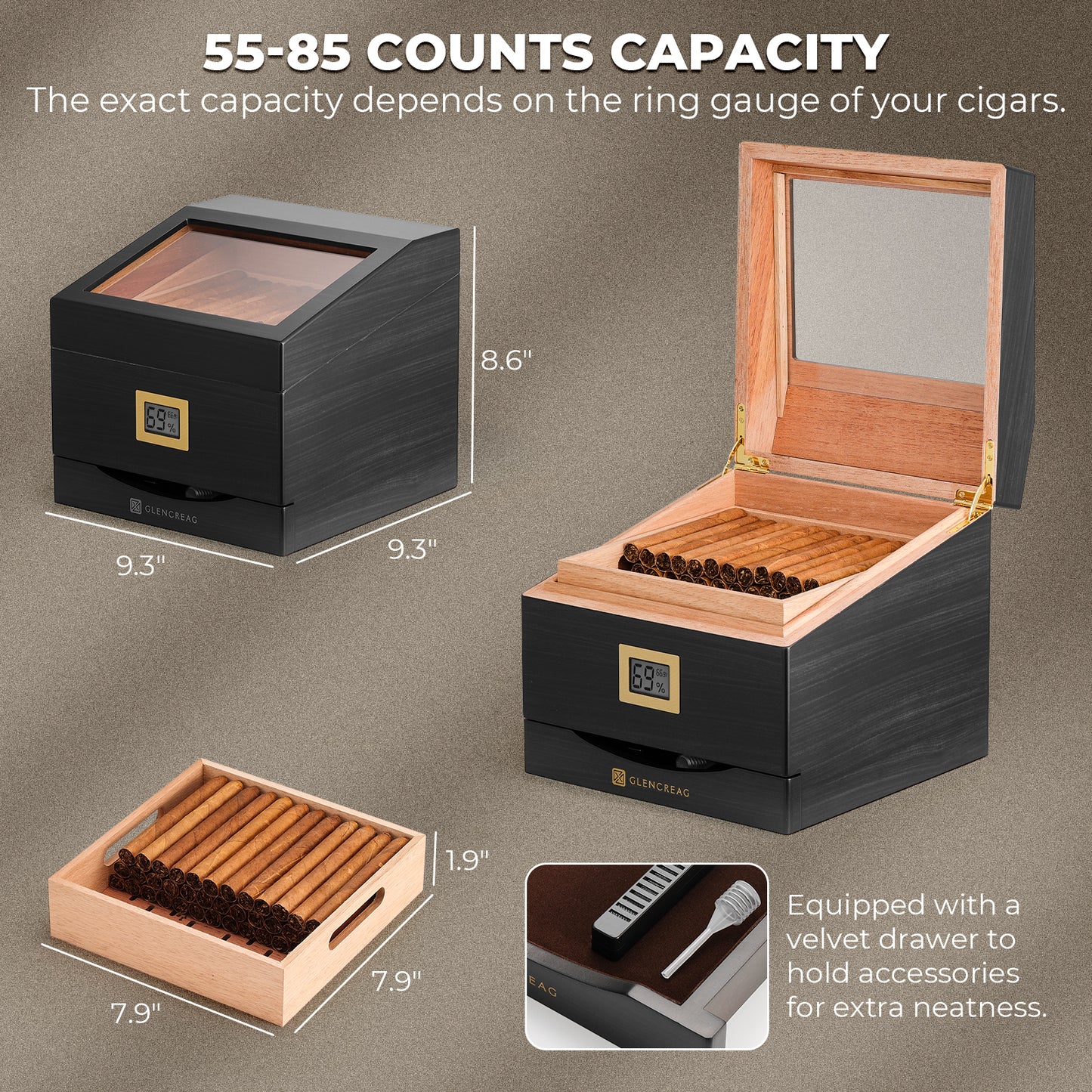 FT-2042 Classic Cigar Humidor Box, 85 Counts (Ebony)