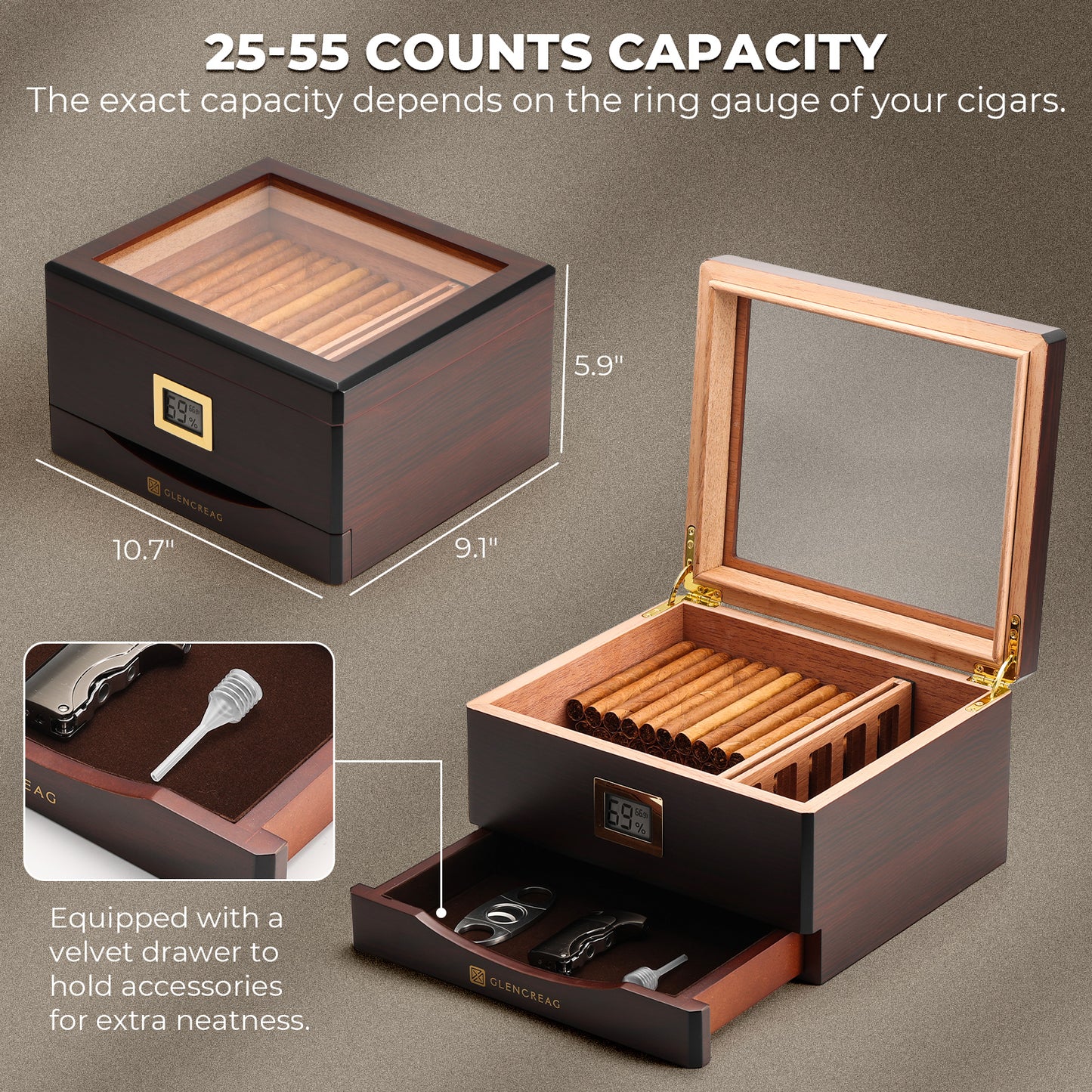 MMT-3041 Classic Cigar Humidor Box, 55 Counts