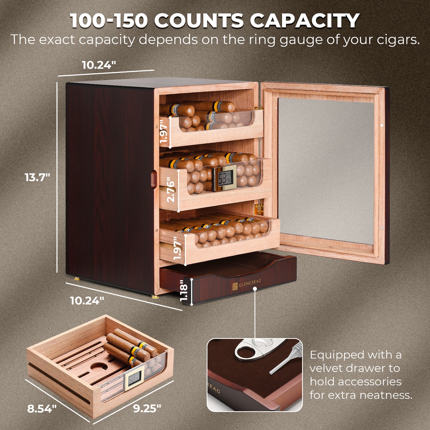 MET-1031 Classic Cigar Humidor Cabinet, 150 Counts