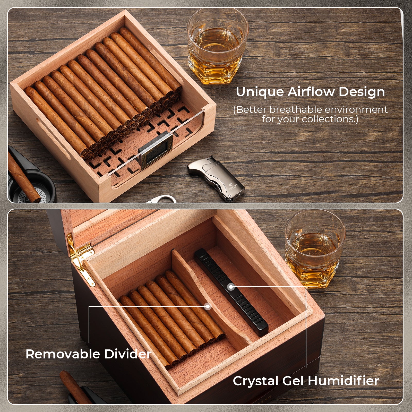 tobacco humidifier box KEJIAR Wooden Humidor with Side Accessory Compartments, Glass Top Cigar Humidor with Digital Hygrometer, Adjustable Humidifier, Divider, Cigar Cutters one humidor comes with three essential cigar cuttersa straight cutter MUXIANG Steel Tobacco Jar Humidifier
