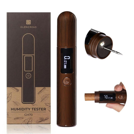 Wooden humidity tester with digital display, packaging, and close-up of use on a white background