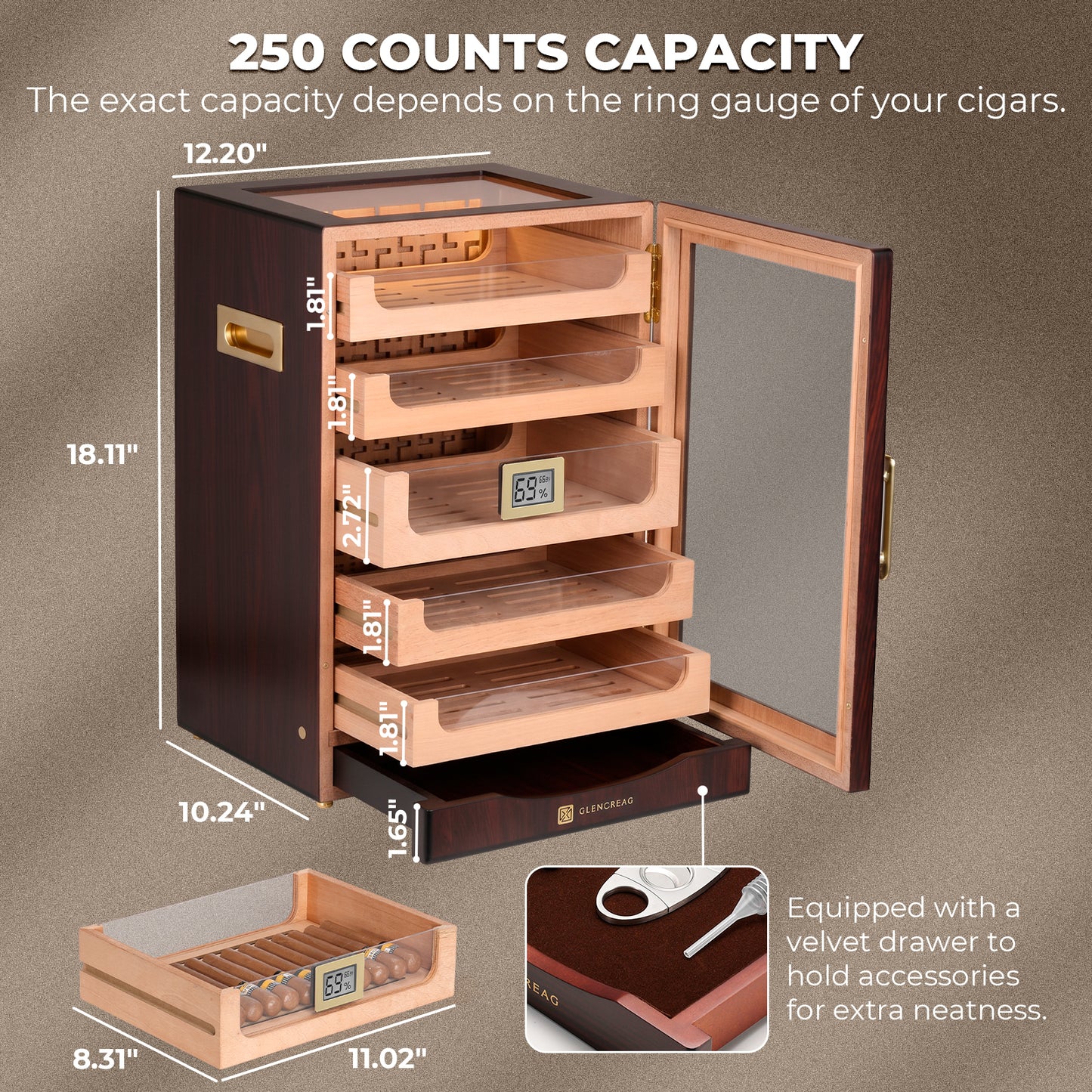 M26FM-B Classic Cigar Humidor Cabinet with Bottom Drawer, 250 Counts
