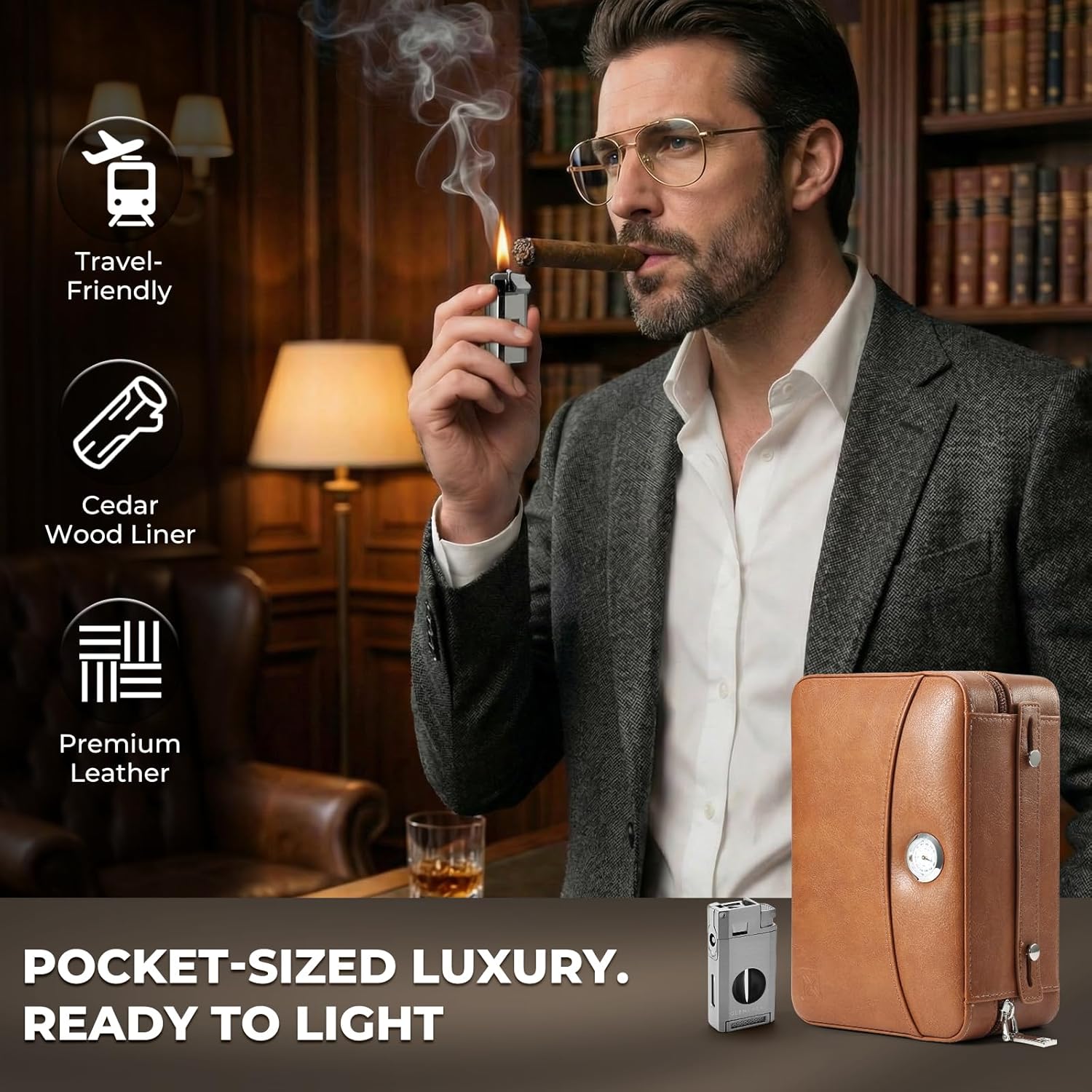 cigarette humidor case PR-5041 Portable Travel Leather Case, 9 Counts and watertight cigar case designed to keep your cigars safe on the go Premium Leather Travel Humidor &