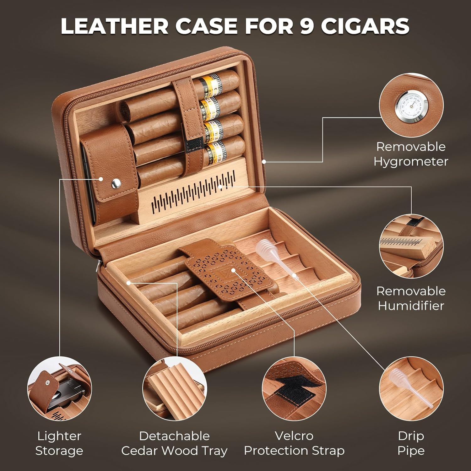 GLENCREAG leather cigar humidor case can hold up to 9 cigars